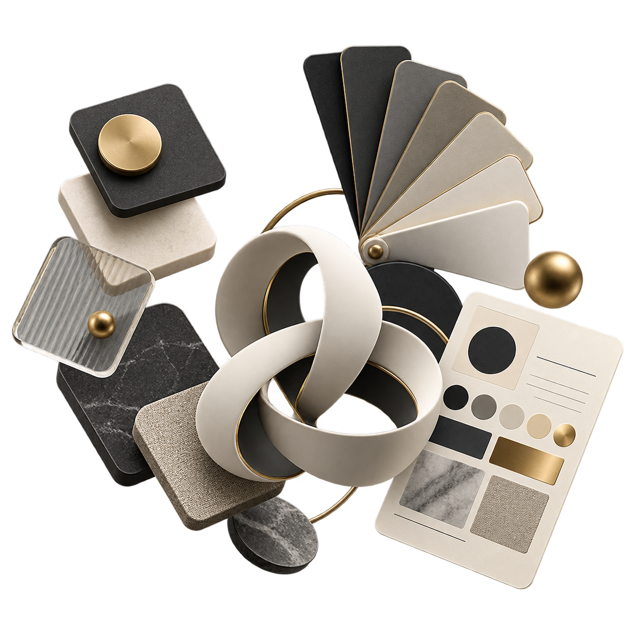 Three-dimensional visual system with palettes, shapes, and brand guidelines.