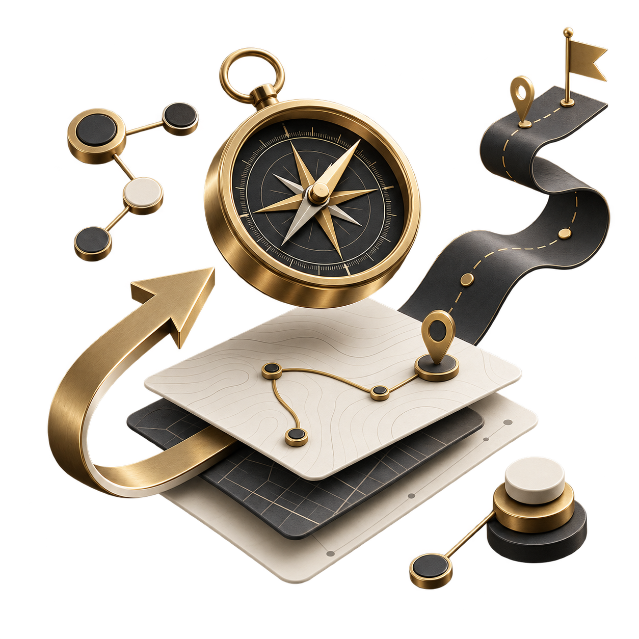 Compass and route map for guiding business decisions.
