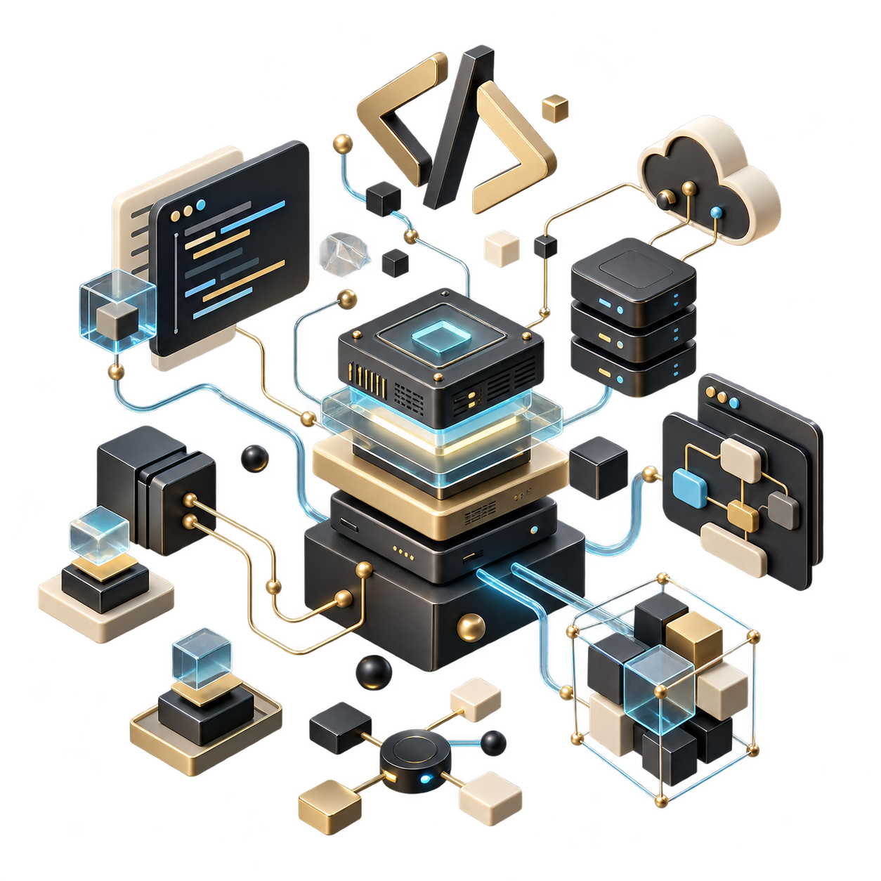 Modular software architecture with connections, servers, and components.