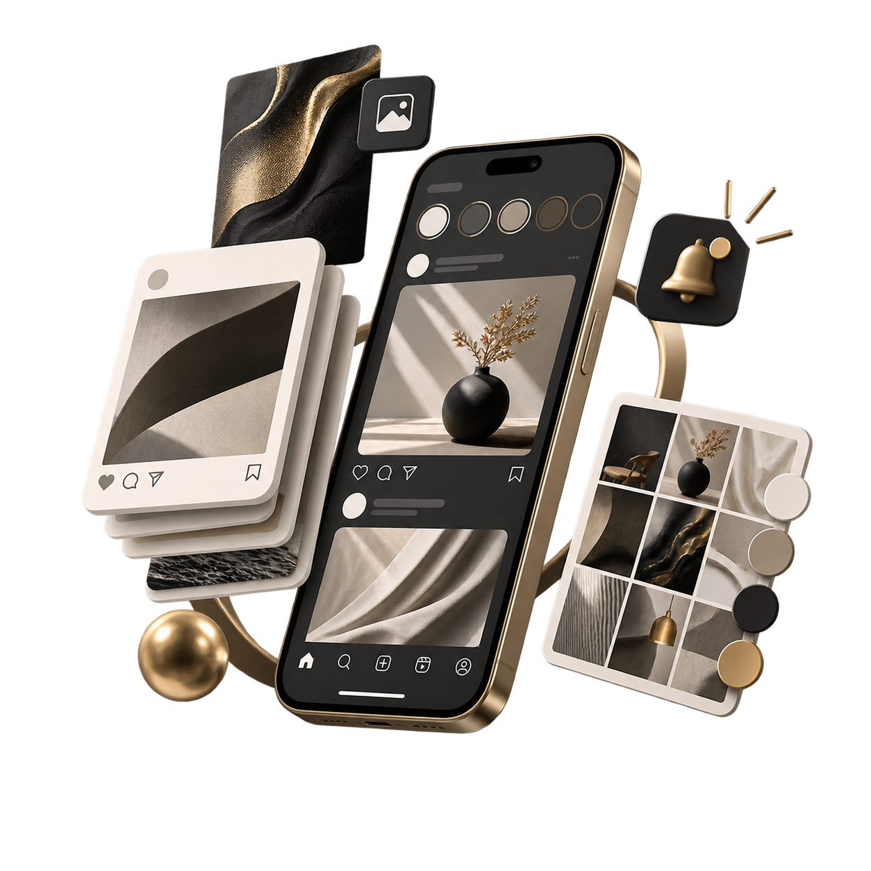 Phone and floating editorial pieces for social media content.